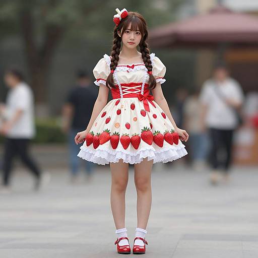 Photograph of an Asian girl with long braids, wearing a strawberry-themed white dress with red ribbons and strawberries, red shoes, and white socks