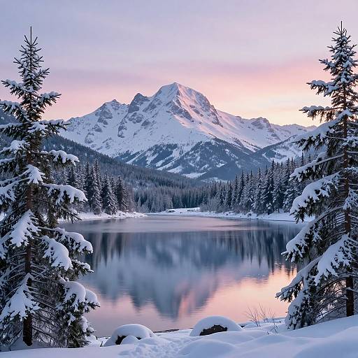 Photograph of a serene snow-covered mountain landscape at dawn, with a calm lake reflecting pink and blue hues, surrounded by evergreen trees.