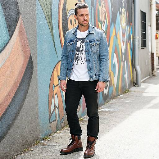 Photograph of a handsome man with dark hair in a bun, wearing a denim jacket, white graphic tee, black pants, and brown boots, standing