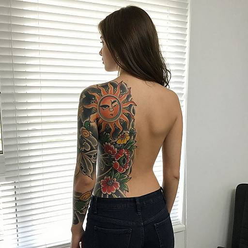 Photograph of a topless woman with long dark hair, facing away, showcasing vibrant sun and floral tattoo on her back, wearing black jeans, standing