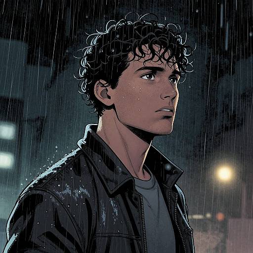 Digital anime-style drawing of a curly-haired, rain-soaked young man with serious expression, wearing a dark jacket over a gray shirt, in a nighttime