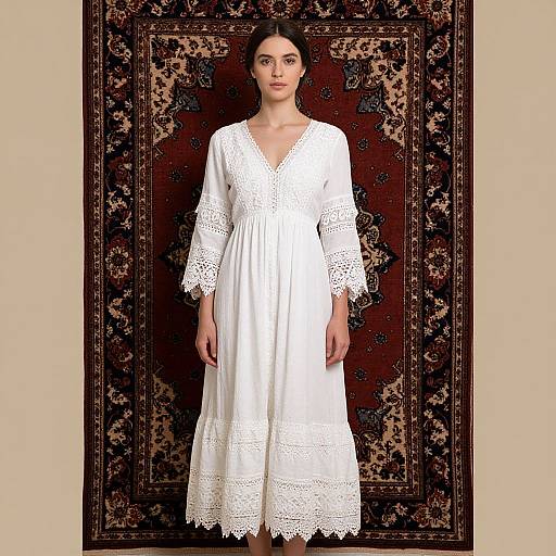 Photograph of a young woman with dark hair, wearing a white lace-trimmed dress, standing against a richly patterned dark brown and black