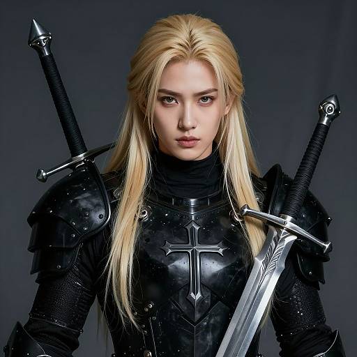 Photorealistic digital artwork of a blonde, blue-eyed woman in black medieval armor with a cross-shaped chest plate, two swords on her shoulders, against