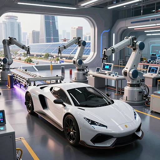 Photorealistic CGI of a sleek white Lamborghini in a futuristic factory, surrounded by robotic arms and high-tech equipment, with city skyline visible through large