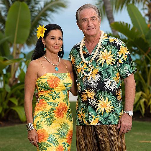 Photograph of an older couple in tropical attire; woman in yellow floral dress, man in Hawaiian shirt, both with flower accessories, standing in lush garden