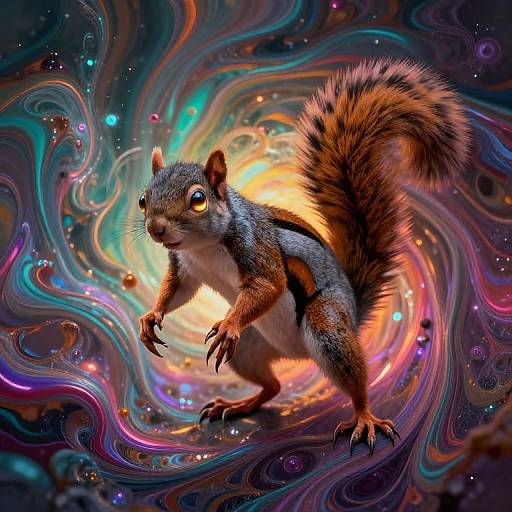 Photorealistic CGI of a glowing-eyed squirrel with vibrant, swirling multicolored cosmic background, featuring abstract, neon patterns and star-like dots.