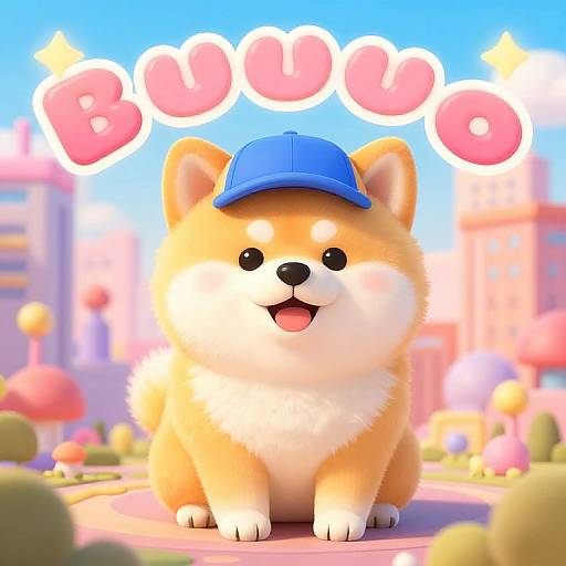Digital cartoon of a fluffy, orange-and-white Shiba Inu wearing a blue cap, sitting in a colorful, sunny park with 