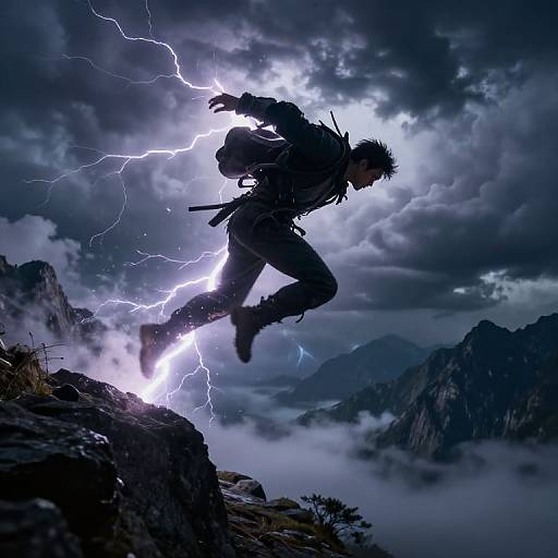 Digital art: Silhouetted warrior leaps into electrifying sky, lightning bolts illuminating dark clouds, rugged mountainous background, misty valleys below