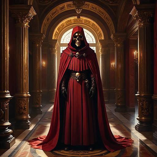 Mysterious Figure in Red Cloak with Skull Mask