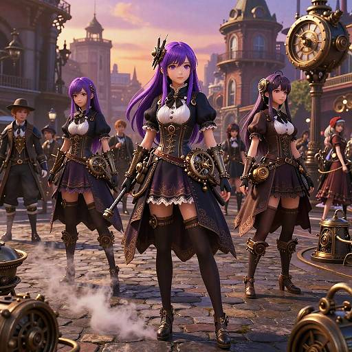 Digital anime-style artwork of five purple-haired women in black Victorian steampunk outfits, holding weapons, standing in a cobblestone street at sunset,