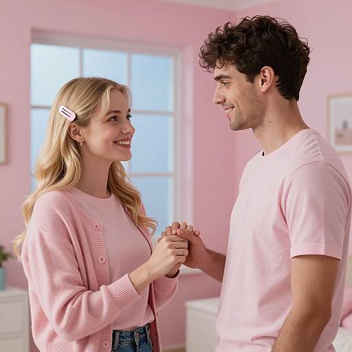 Cozy Pink Room with Smiling Couple