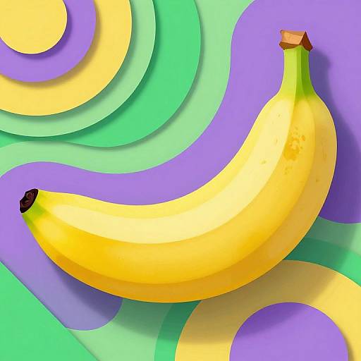 Digital illustration of a bright yellow banana with green tip, set against a swirling pattern of purple, green, and teal colors.