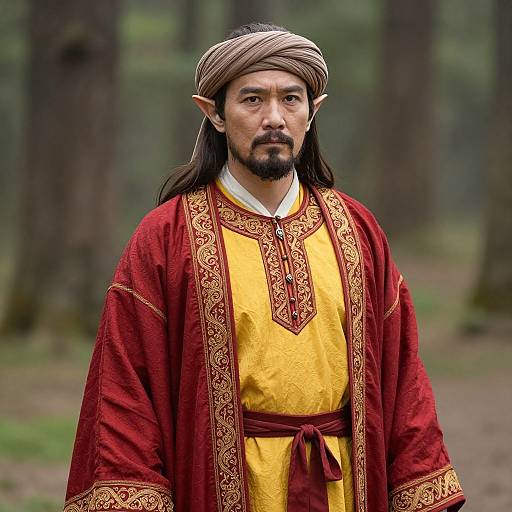 Photograph of a Middle Eastern man with pointed elf ears, long black hair, brown headscarf, red and gold embroidered robe, yellow tunic