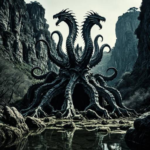 Colossal Hydra Rock Formation in Shadowy Swamp