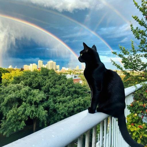 Black Cat on Balcony with Double Rainbow
