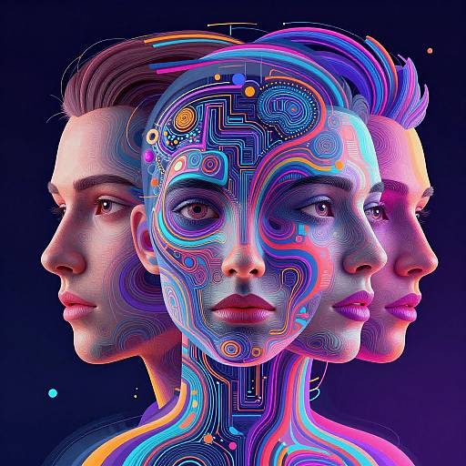 Digital artwork of three human faces with neon, circuit-like patterns overlaying their skin, set against a dark background. Faces blend into each other, showcasing