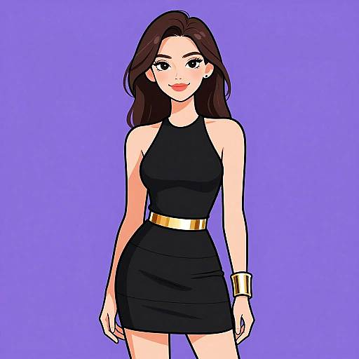 Digital anime-style drawing of a smiling woman with long brown hair, wearing a black halter dress, gold belt, and bracelet, against a purple background