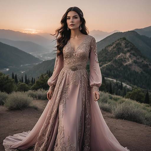 Woman in Dusty Rose Embroidered Gown at Mountain Sunset