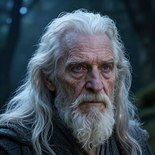 Close-up photograph of an elderly man with long, white, wavy hair and beard, blue eyes, wearing a dark cloak, set against a blurred