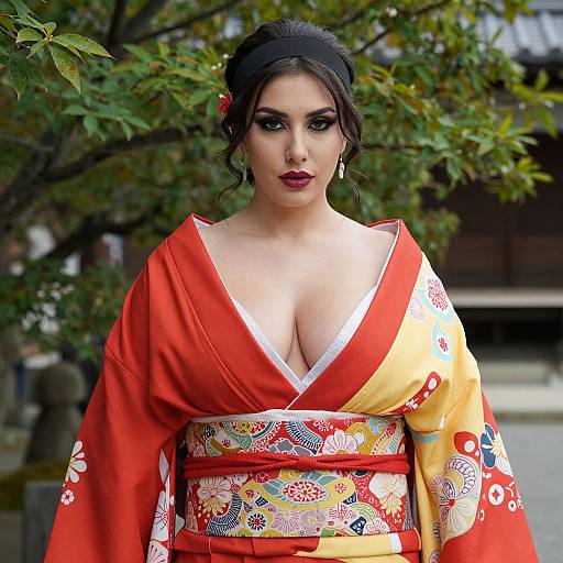 Photograph of a fair-skinned woman with dark hair in an updo, wearing a red and yellow floral kimono with deep neckline, standing in