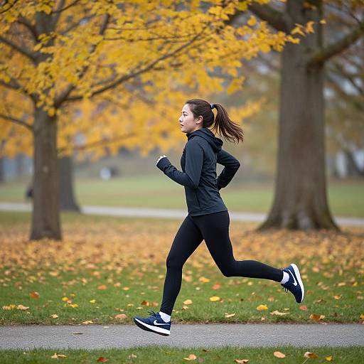 Photograph of a fit, young woman with brown hair in a ponytail, jogging in a park with autumn leaves and yellow trees. She wears a