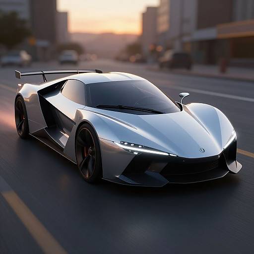 Photorealistic CGI of a sleek, silver Lamborghini Huracán with black accents speeding down a city street during sunset.