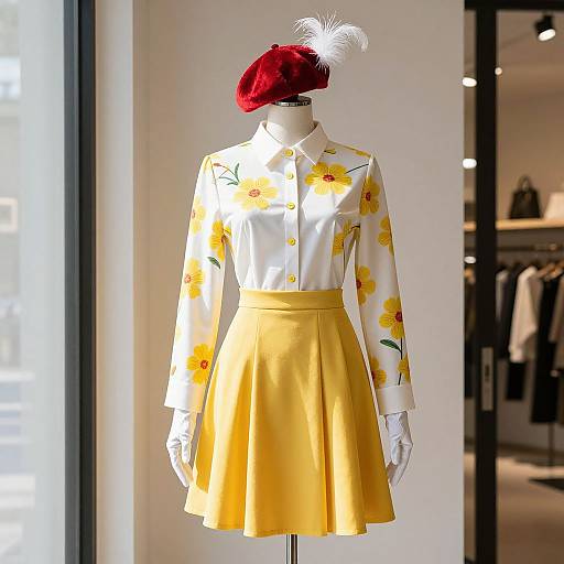 Photograph of a mannequin in a white floral blouse, yellow skirt, red beret with white feather, and white gloves, displayed in a