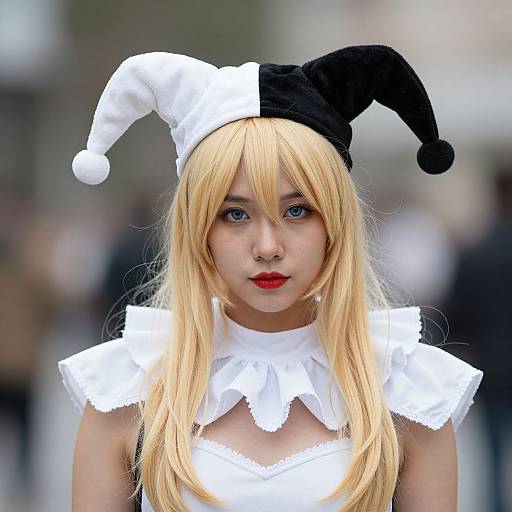 Photograph of a young Asian woman with long blonde hair, wearing a black-and-white jester hat, white ruffled top, and red lipstick,