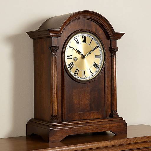 Photograph of a vintage, dark wooden clock with a round face, gold accents, black Roman numerals, and ornate pillars.