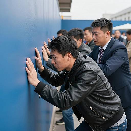 Group of Men Pushing Blue Wall