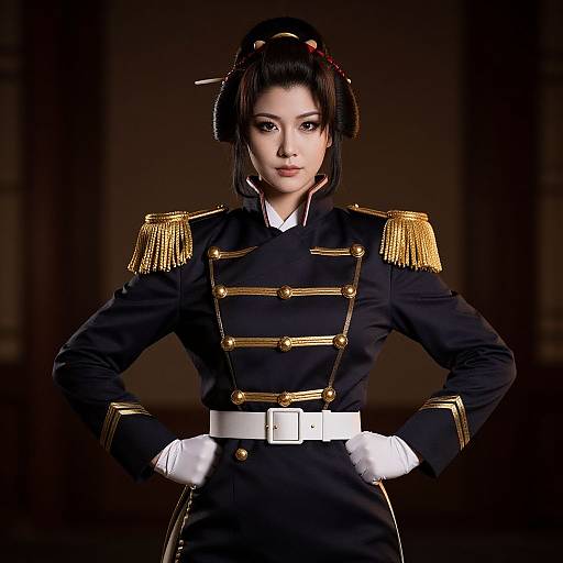 Photograph of an Asian woman with pale skin, black hair in a traditional updo, wearing a black military uniform with gold epaulettes,