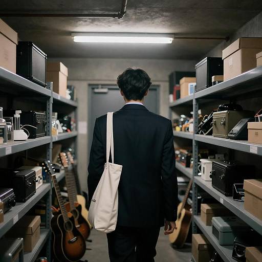 Mysterious Figure in Dim Storage Room