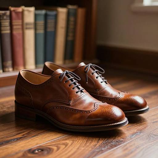 Photograph of polished brown leather brogue shoes with black laces, placed on wooden floor next to a bookshelf with colorful, old books. Soft