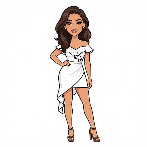 Digital cartoon of a confident, dark-haired woman in a white off-shoulder dress, standing with hand on hip, wearing brown heels.