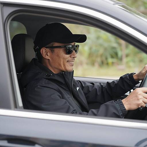 Smiling Man in Car with Greenery