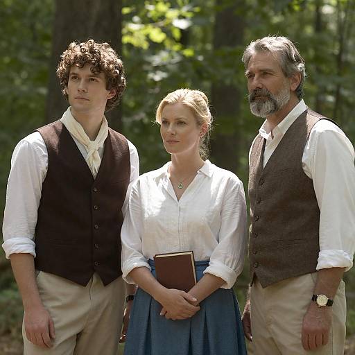 Photograph of three period-clothed individuals in a forest: young man with curly brown hair, woman with blonde hair holding book, older bearded