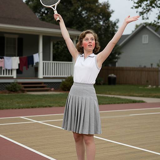 Photograph of a young woman with fair skin and brown hair, wearing a white sleeveless top and gray pleated skirt, holding a tennis racket,