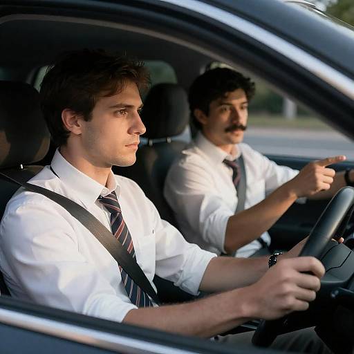 Serious Driver and Pointing Passenger