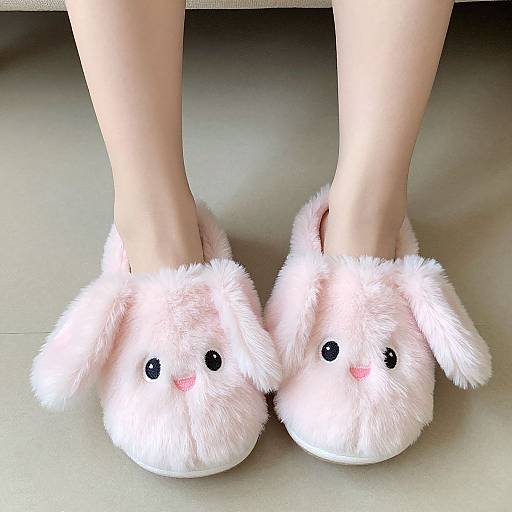 Photograph of light pink, fluffy bunny slippers with black eyes and pink noses on a person's pale legs, standing on a smooth, beige floor