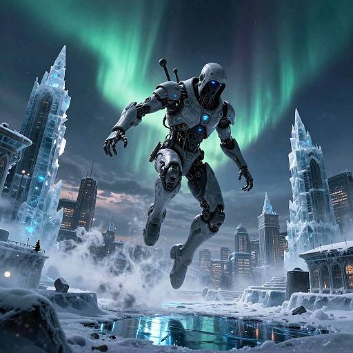 Frost-Clad Cybernetic Assassin Vaulting Across Megacity