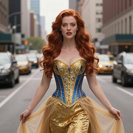 Regal Red-Haired Woman in Cityscape
