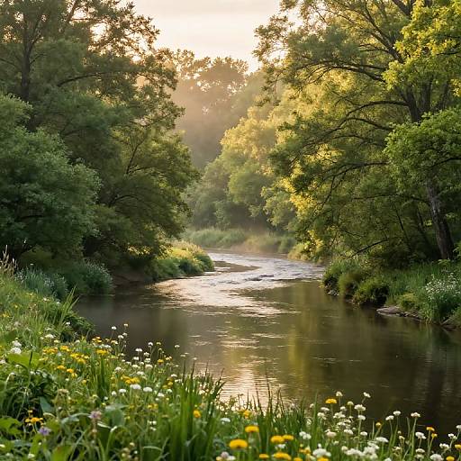 Photograph of a serene, sunlit river winding through lush greenery, with dappled sunlight filtering through trees, and colorful wildflowers in the