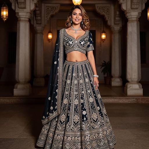 Photograph of a smiling woman in an ornate black and silver traditional Indian outfit, standing in a dimly lit, elegant courtyard with lit lanterns