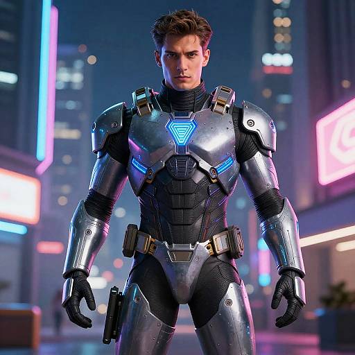 Man in Futuristic Armored Suit with Neon City Background