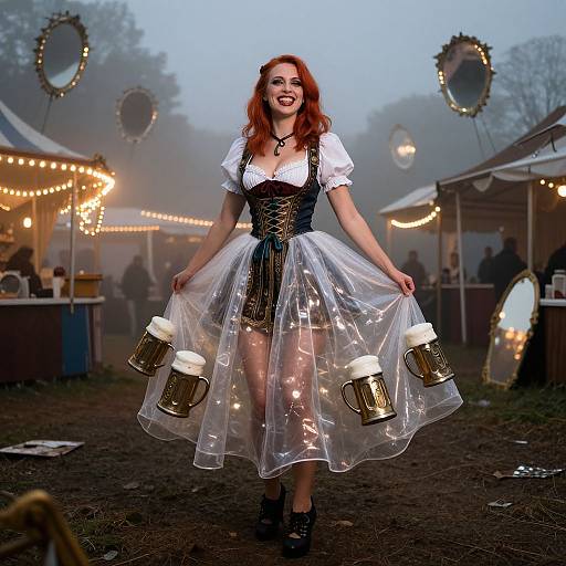 Photograph of a smiling red-haired woman in a white blouse, black corset, and translucent skirt holding beer mugs, at a festive, fog