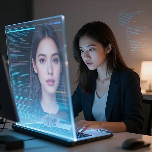Photograph of an Asian woman with long brown hair, wearing a black blazer, focused on a glowing laptop displaying a digital, semi-transparent face of