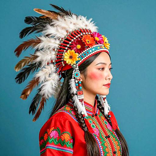Woman in Colorful Feathered Headdress and Embroidered Jacket