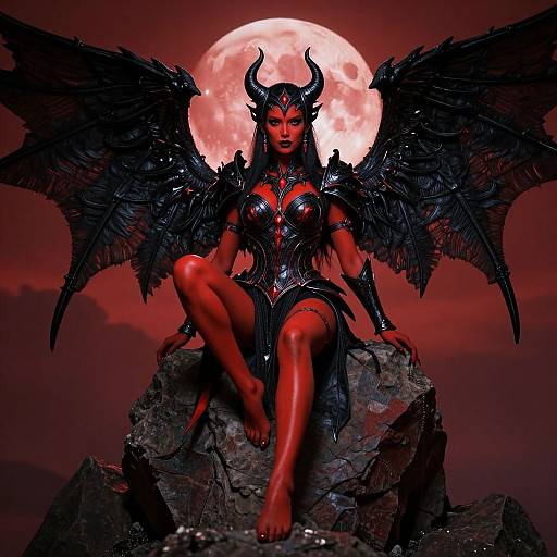 Digital art of a red-skinned, black-winged demon queen with horns, black armor, and a glowing red moon behind her, sitting on a