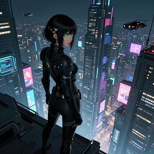 Cyberpunk anime girl with black bob, green eyes, and black leather suit stands on skyscraper ledge, gazing at neon-lit cityscape
