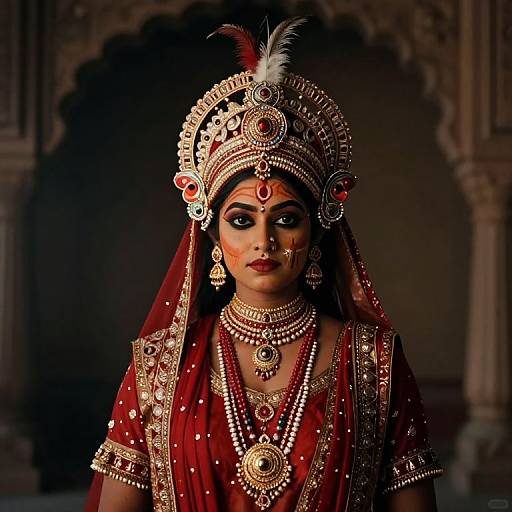 Photograph of an Indian bride in traditional attire, adorned with ornate gold jewelry, red veil, and headpiece, set against a dimly-l